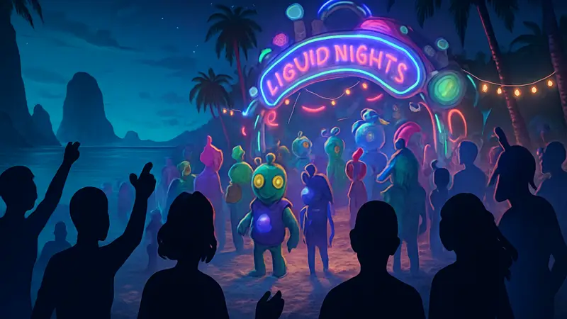 Вечеринка на пляже «Жидкие ночи» в High on Life 2 с пришельцами и яркими огнями.