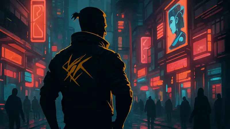 Главный герой Cyberpunk 2077 Ви на улицах Найт-Сити с яркими неоновыми вывесками