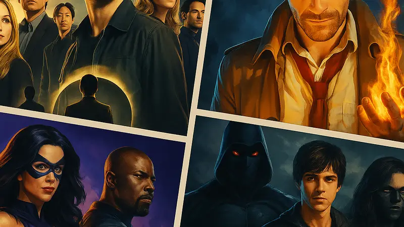 Постеры различных забытых супергеройских сериалов, включая Heroes и Constantine, на коллаже.