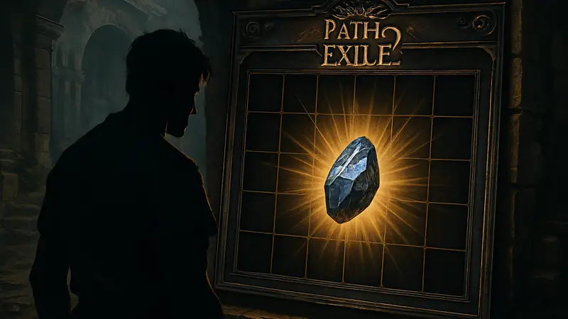 Редкий ресурс Exceptional Verisium в инвентаре игры Path of Exile 2, окружённый сиянием.