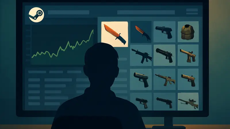 Интерфейс торговой площадки Steam с графиками и списком предметов.
