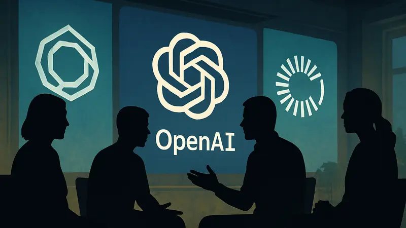 Обсуждение экзистенциальных вопросов OpenAI и ее последних поглощений на фоне логотипов ИИ-компаний.