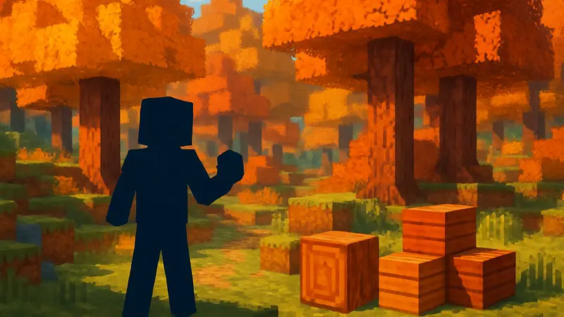 Игровой мир Minecraft с новым осенним биомом «Пестрый лес» и деревянными блоками.