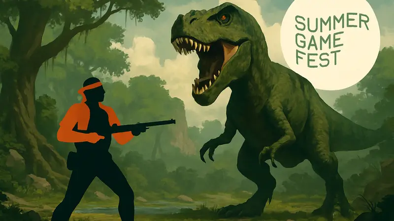 Скриншот из игры Turok: Origins, динозавр и главный герой, логотип Summer Game Fest.
