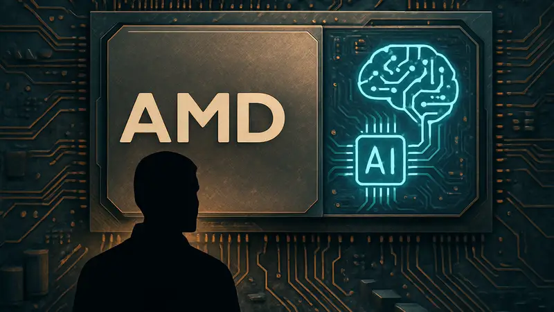 Логотип AMD на фоне микросхемы с элементами искусственного интеллекта