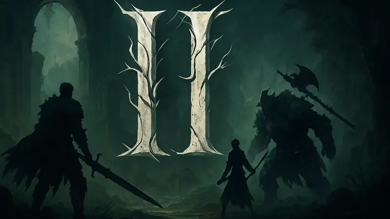 Логотип игры Lords of the Fallen II, стилизованный под тёмное фэнтези, с элементами боевой системы.
