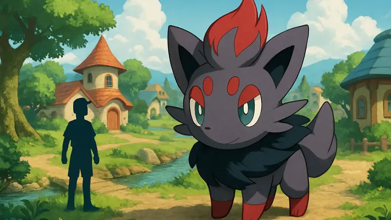 Покемон Зороа из игры Pokémon Pokopia на фоне игрового мира.