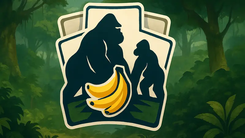Логотип игры Goritaire с гориллами и бананами на фоне джунглей, стилизованный под карточную игру.