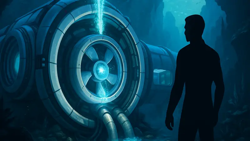 Изображение гидроэлектрической турбины в игре Subnautica 2, генерирующей энергию.