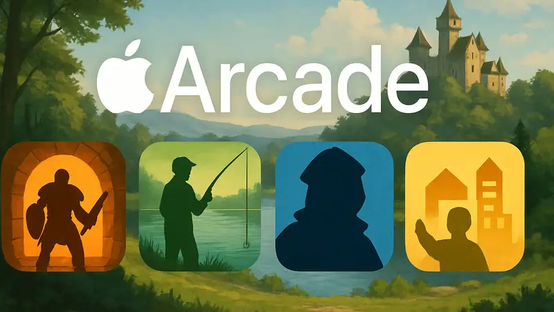 Стилизованное изображение логотипа Apple Arcade с иконками новых игр, представляющих разные жанры, выходящие в июле.