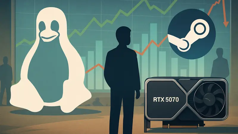 Символы Linux и Steam, видеокарта NVIDIA RTX 5070, отображающие тренды доли рынка PC-гейминга.