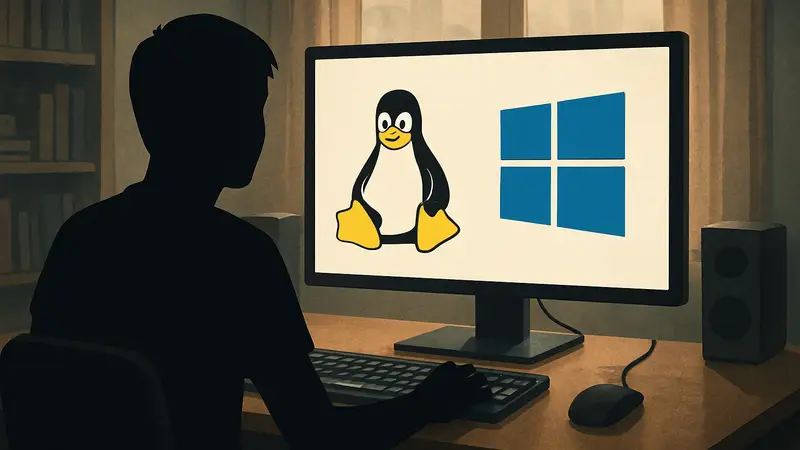 Игрок за компьютером с логотипами Linux и Windows на мониторе. Смена ОС для игр.