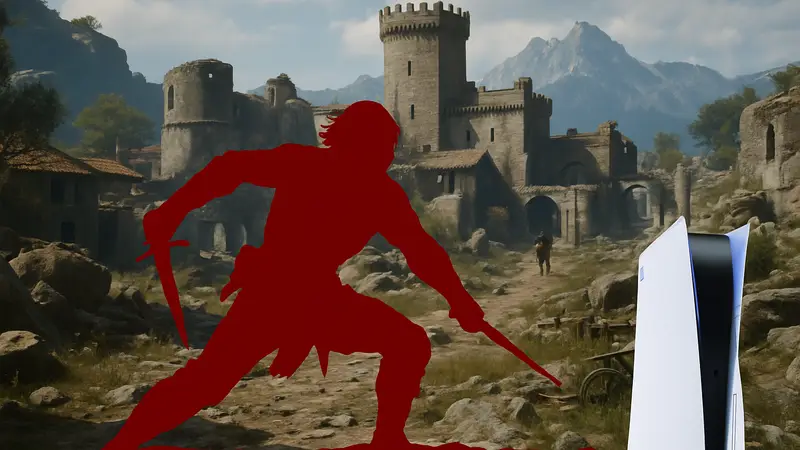 Скриншот из игры Crimson Desert с персонажем в экшн-позе на PlayStation 5