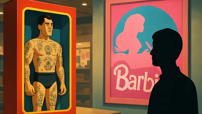 Кукла "Tony the Tattooed Man" от Mattel рядом с постером фильма "Barbie", символизирующая трансформацию.