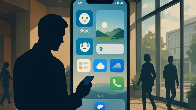 Концепт домашнего экрана iPhone с интегрированным ИИ-приложением Skye и его возможностями.