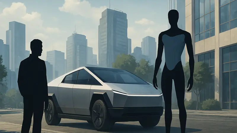 Электромобиль Tesla Cybercab и робот Tesla Optimus, символизирующие будущее технологий.