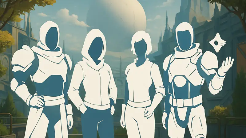 Концепт-арт персонажей Destiny в стиле симулятора свиданий или арты игры Dream Daddy.