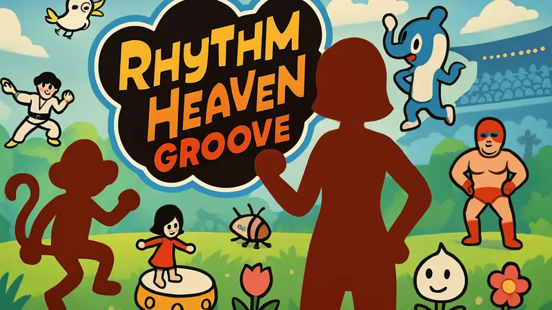 Обложка Rhythm Heaven Groove с характерными персонажами и элементами ритм-игры, иллюстрирующая обзор Kotaku.