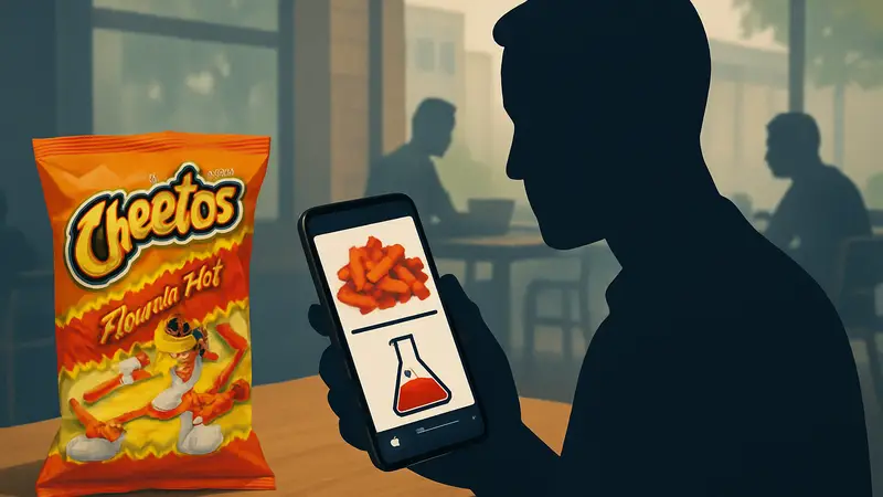 Упаковка Flamin' Hot Cheetos и вирусное видео о её составе на экране смартфона.