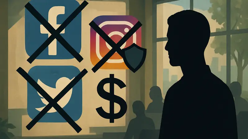 Иконки социальных сетей, перечёркнутые знаком доллара или щитом безопасности