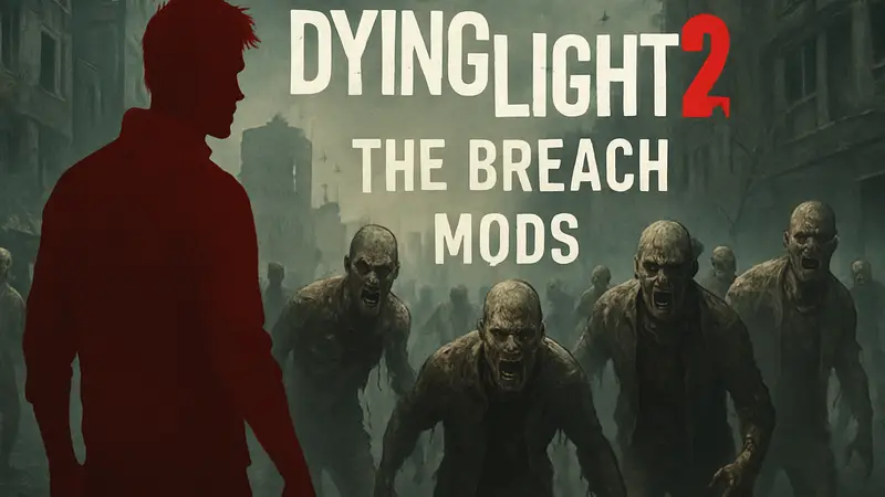 Логотип Dying Light 2 на фоне зомби с упоминанием обновления The Breach и пользовательских модов.