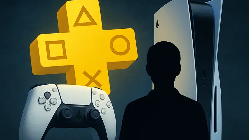 Логотип PlayStation Plus на фоне контроллера DualSense и консоли PS5, символизирующий сервис подписки.