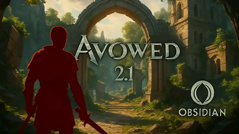 Скриншот из игры Avowed с указанием версии патча 2.1 и логотипом Obsidian Entertainment.