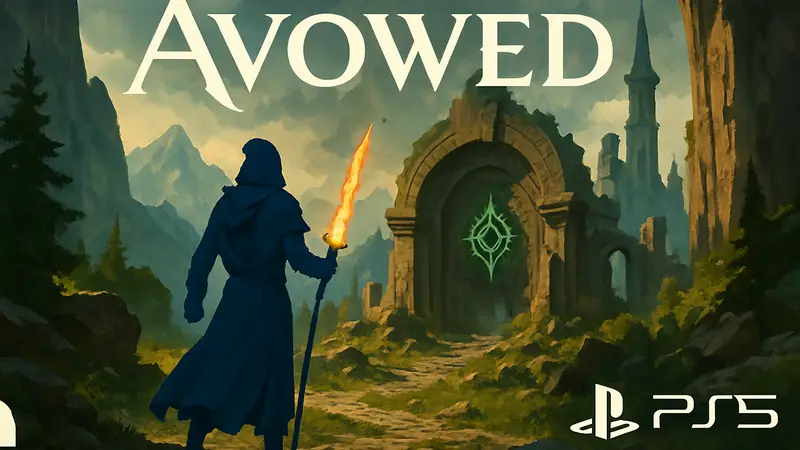Обложка игры Avowed, стилизованная под фэнтези, с логотипом Obsidian и упоминанием PS5.