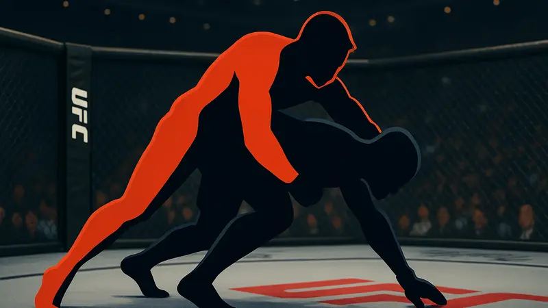 Игровой персонаж UFC 6 выполняет тейкдаун на сопернике, демонстрируя прием.
