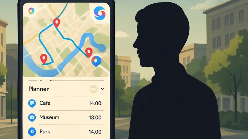 Интерфейс Google Maps с интегрированным Gemini, показывающий спланированный маршрут и расписание пользователя.