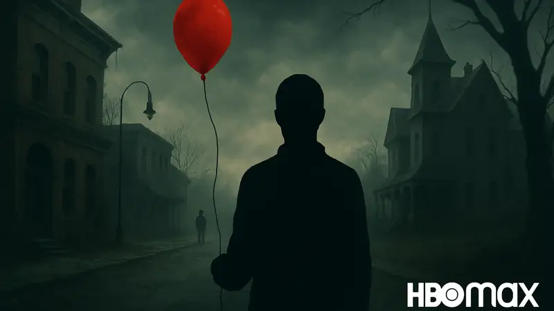 Постер сериала «Оно: Добро пожаловать в Дерри» с намёком на зловещую атмосферу, логотип HBO Max.