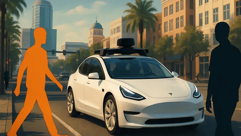 Беспилотное такси Tesla движется по улицам Орландо или Тампы, символизируя запуск пилотного проекта.