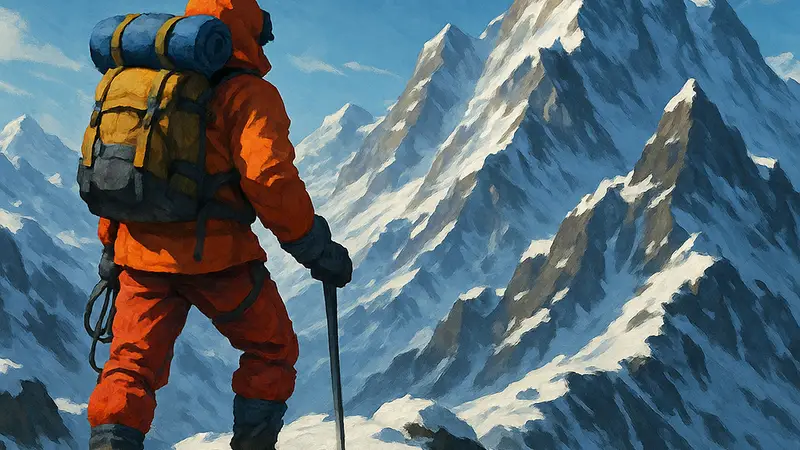 Персонаж-альпинист на заснеженной горе в игре Insurmountable, демонстрирующий пошаговый рогалик.