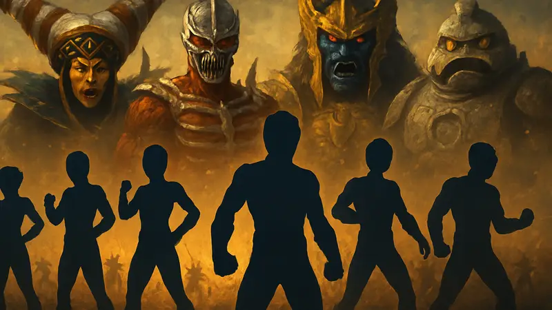 Изображение нескольких злых Power Rangers и культовых злодеев франшизы на фоне битвы.
