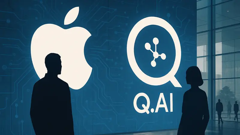Логотипы Apple и Q.AI, символизирующие поглощение технологической компанией стартапа в сфере искусственного интеллекта.