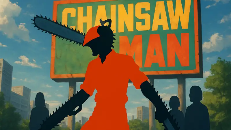 Денджи из Chainsaw Man с бензопилами, на фоне логотипа манги и надежды на продолжение.