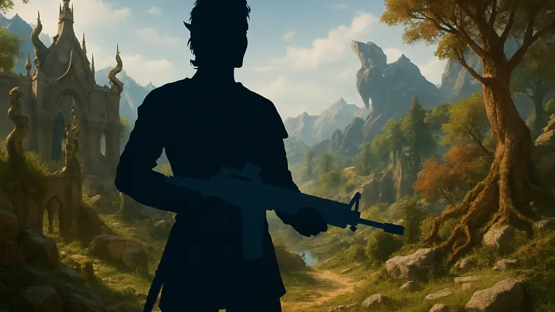 Кадр из Baldur's Gate 3, демонстрирующий персонажа с новым классом или автоматической винтовкой, на фоне игрового мира.