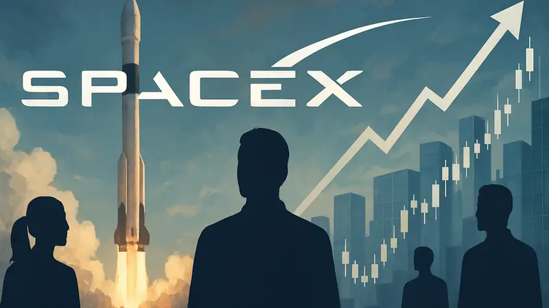 Логотип SpaceX на фоне ракеты, символизирующий будущие инвестиции и фондовый рынок.