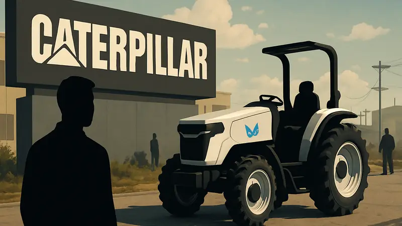 Логотип Caterpillar и электрический трактор Monarch, символизирующий поглощение стартапа.