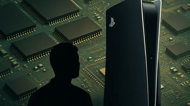 Концепт-арт PlayStation 6, символизирующий её потенциальный дизайн и отсутствие дисковода, на фоне чипов памяти