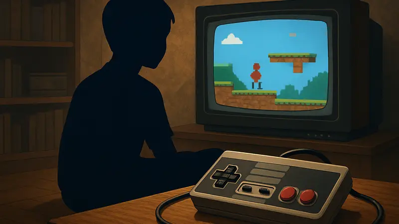 Ретро-джойстик и экран старого телевизора с пиксельной игрой 90-х годов.