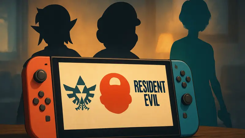 Логотипы популярных игр для Nintendo Switch 2, включая Mario, Pokemon и Resident Evil, на фоне консоли.