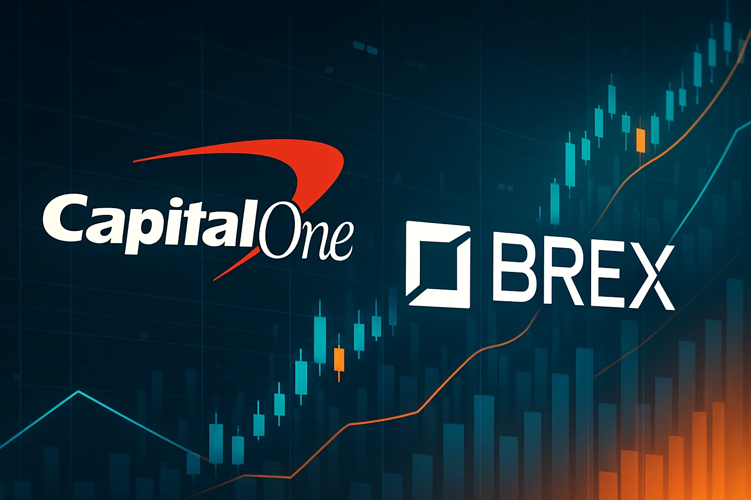 Логотипы Capital One и Brex на фоне абстрактного цифрового графика, символизирующего финансовые сделки.