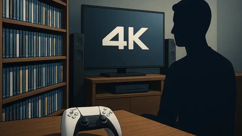 Коллекция 4K Blu-ray дисков, фильмы на физических носителях, геймпад PS5, домашний кинотеатр.