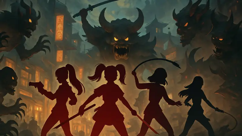 Анимированные персонажи KPop Demon Hunters в стиле K-Pop, сражающиеся с демонами.