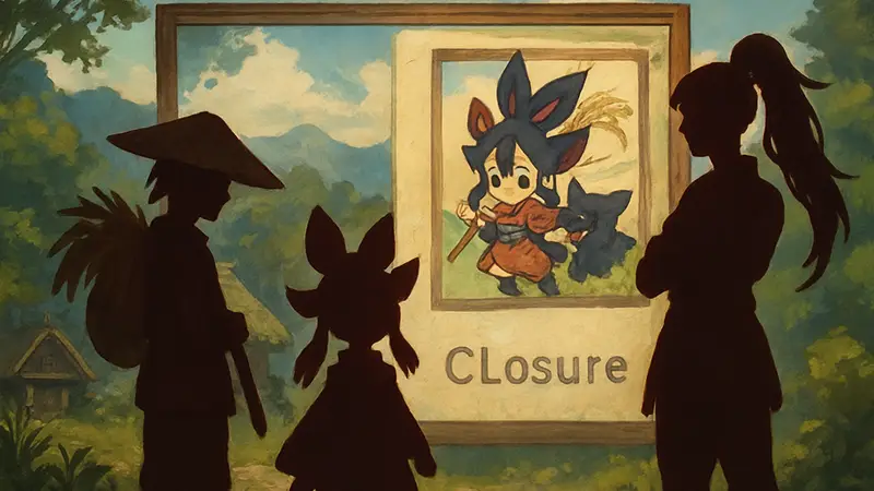 Персонажи игры Sakuna: Of Rice and Ruin Hinuka Junreitan на фоне экрана закрытия