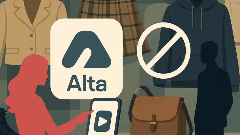 Логотип приложения Alta на фоне модных элементов одежды и логотип Public School, символизирующие интеграцию стильных инструментов.