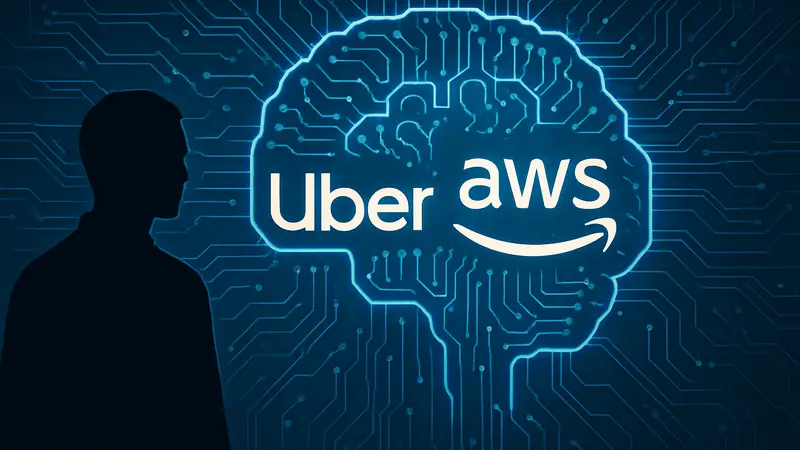 Логотипы Uber и Amazon AWS на фоне схемы искусственного интеллекта