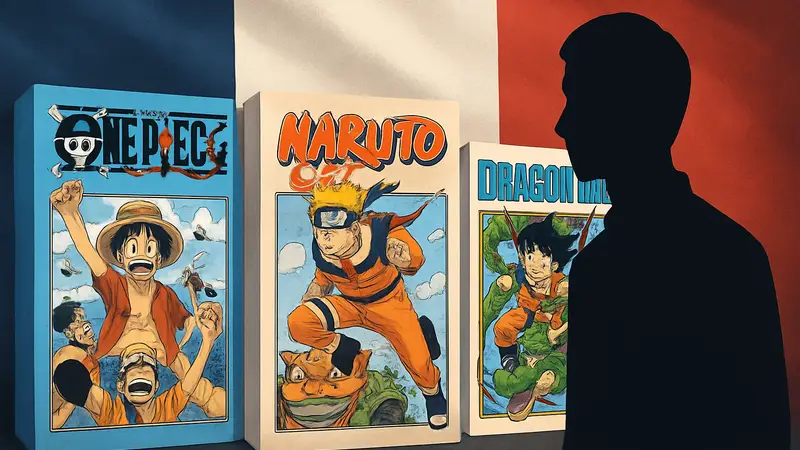Обложки манги One Piece, Naruto и Dragon Ball на фоне французского флага.