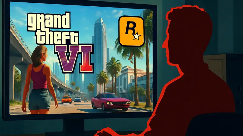Скриншот из слитого билда GTA 6 с логотипом Rockstar и изображением Ариона Куртаджа.